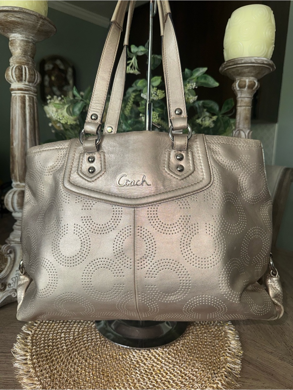 Coach Metallic Champagne Perforated Leather Shoulder Tote - EXCELLENT Condition